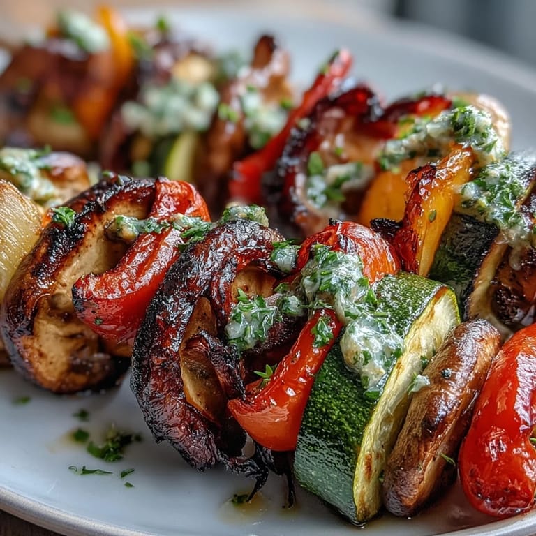Enjoy colorful, smoky grilled vegetable kabobs with this fresh, herb-packed chimichurri sauce.