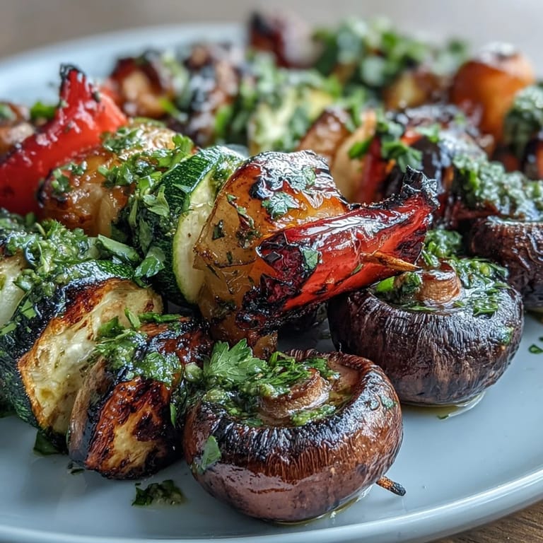 Tender, charred grilled veggie kabobs glistening with a bright, flavorful chimichurri sauce.