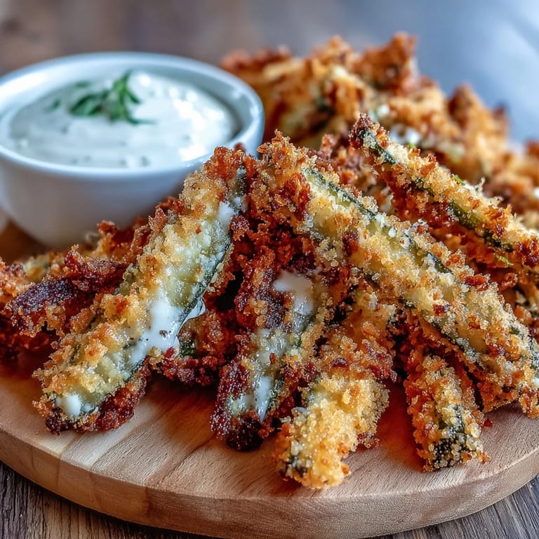Crispy air fryer pickle fries with vibrant spicy mayo for dipping.