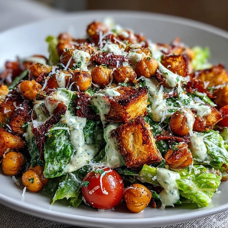 Enjoy this fresh, plant-based Caesar salad featuring crunchy chickpea croutons.