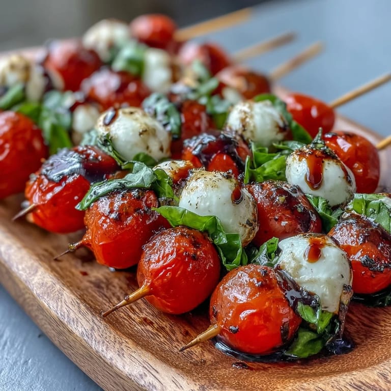 Fresh Caprese skewers appetizer with juicy tomatoes and creamy mozzarella, ready to serve.