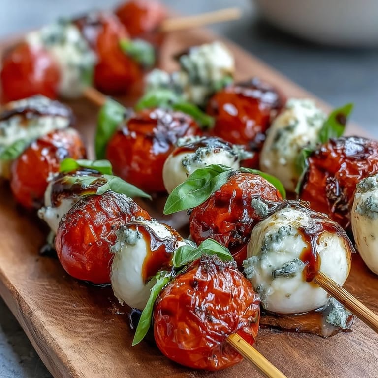 Easy Caprese skewers appetizer, colorful and bursting with fresh Italian flavors.