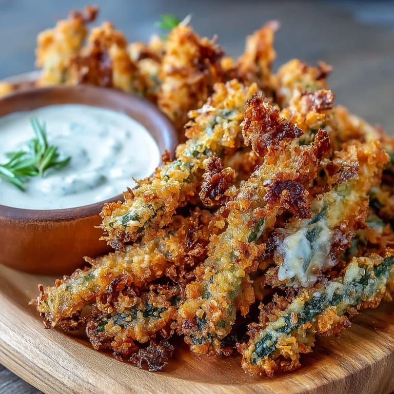 Golden brown pickle fries, a perfect tangy appetizer with creamy dipping sauce.
