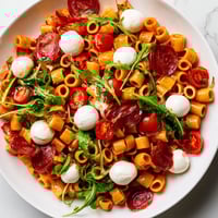 Fresh Spring Antipasto Pasta Salad featuring ditalini, peppery arugula, and creamy mozzarella pearls in a bright zesty dressing.  