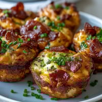 Golden-brown Ranch Bacon Breakfast Egg Bites rest on a white plate, topped with fresh chives for a savory brunch presentation.
