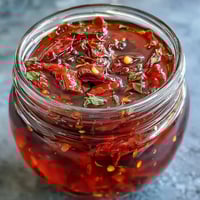 Fiery homemade Calabrian chili oil infused with garlic and herbs, perfect for drizzling over pizza or pasta.  