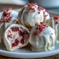 A close-up of Valentine's Day strawberry truffles dipped in silky white chocolate and garnished with crushed freeze-dried strawberries.