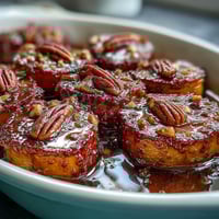 A warm and inviting dish of candied yams with bourbon and brown sugar, glazed to perfection with rich spices.  