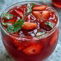 Galentines Pink Lemonade Strawberry Punch in a clear punch bowl with fresh strawberry slices and lemon wedges floating on top.