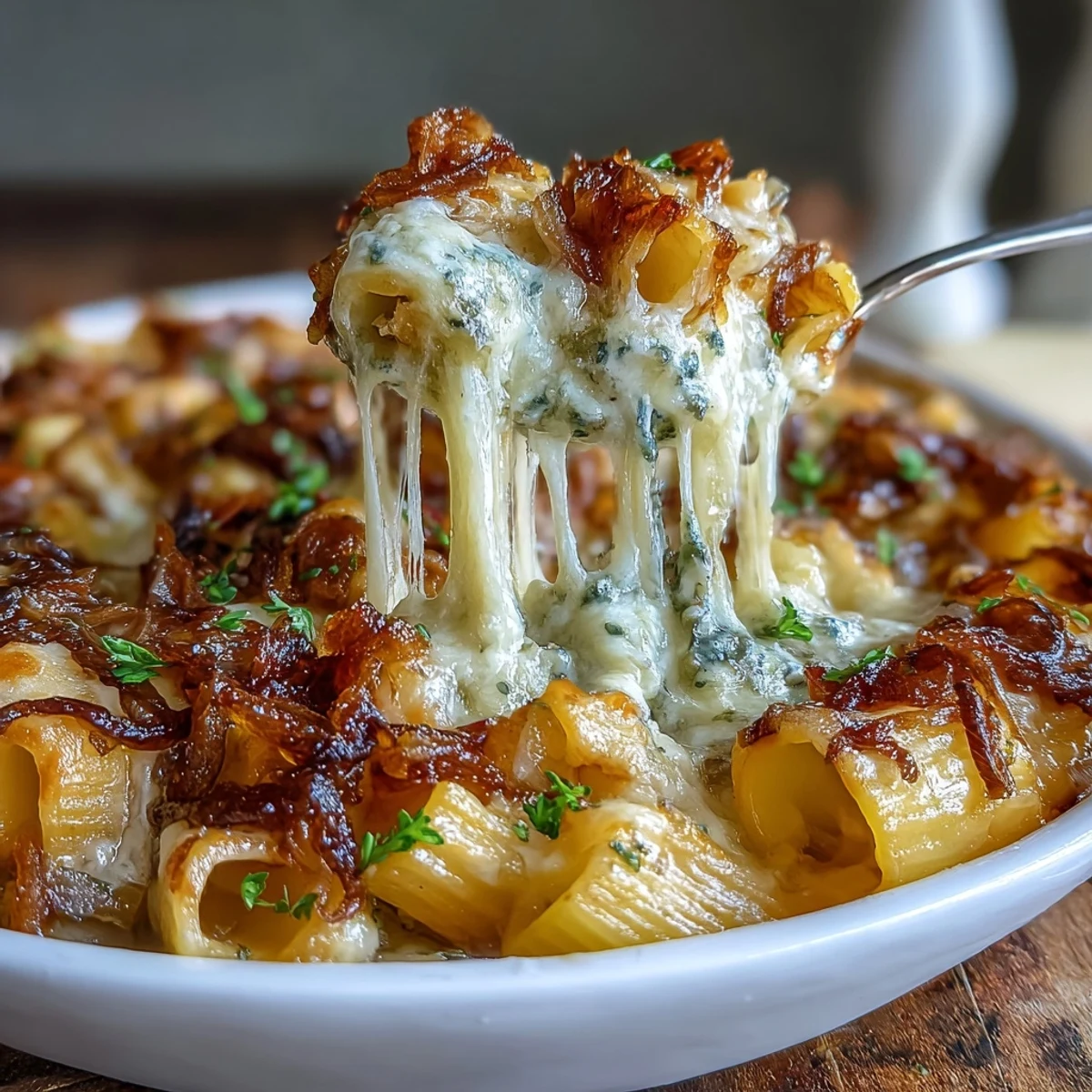 French Onion Soup Pasta Bake with caramelized onions, creamy Gruyère, and golden baked topping in a cozy casserole dish.  