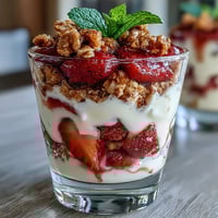 Mini strawberry yogurt parfaits in shot glasses with fresh berries and crunchy granola, perfect for parties and elegant dessert tables.