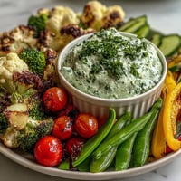 Colorful Little Sprout Veggie Platter with Green Goddess dip, featuring crisp baby carrots, snap peas, and cucumber slices arranged for easy snacking.  
