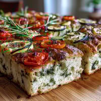 Vibrant focaccia bread decorated with fresh herbs and colorful vegetable flowers, perfect for baby showers or spring gatherings.