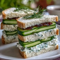 Elegant cucumber tea sandwiches with herbed cream cheese, perfect for afternoon tea or light lunches.