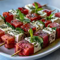 Colorful watermelon feta skewers with fresh mint leaves and creamy cheese cubes, perfect for summer parties and light appetizers.