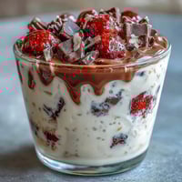 Strawberry chocolate chunk overnight oats in a glass jar, layered with fresh berries and rich chocolate chunks for a healthy dessert.