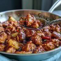 Sweet and sour chicken with pineapple and bell peppers sizzling in a skillet, coated in a glossy, tangy sauce.  