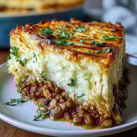 Vegetarian Shepherd's Pie with lentils and mushrooms, golden mashed potatoes baked over savory vegetable filling.  