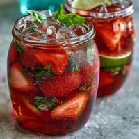 A vibrant glass of strawberry basil lemonade with fresh basil leaves and lemon slices, perfect for a refreshing summer drink.