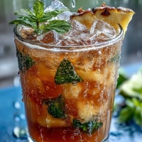 Refreshing pineapple basil agua fresca in a clear pitcher, garnished with fresh basil and lime slices, served over ice.