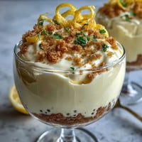 Lemon mousse cups with shortbread crumble — creamy lemon filling in buttery crumb crust, topped with fresh berries and mint.