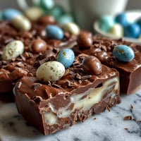 Festive pastel chocolate bark with Cadbury eggs and colorful sprinkles, perfect for Easter dessert tables.