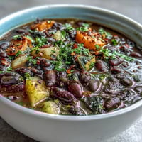A steaming bowl of soul food black-eyed pea and collard green stew with smoky broth and tender vegetables.