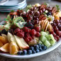 Vibrant fruit display with edible flowers, perfect for a graduation party centerpiece.  