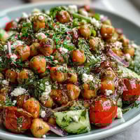 Cold chickpea salad with lemon herbs and crisp vegetables, a refreshing summer dish.  
