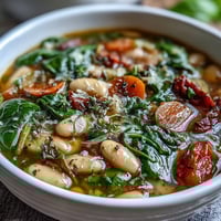 A steaming bowl of Tuscan white bean and spinach soup with fresh spinach and herbs, perfect for a comforting vegetarian dinner.