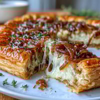 Savory French Onion Puff Pastry Tart with caramelized onions, Gruyère cheese, and fresh thyme baked to golden perfection.