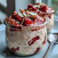Creamy vanilla overnight oats with fresh strawberries in a glass jar, topped with sliced almonds and a honey drizzle.