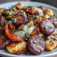 Sheet pan gnocchi with sausage and peppers: golden gnocchi roasted alongside juicy sausage and sweet bell peppers for a hearty, one-pan dinner.