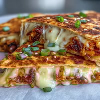 Crispy, golden quesadillas stuffed with tangy kimchi and melted cheese, a Korean-Mexican fusion treat perfect for a quick meal.