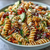 Vibrant Memorial Day Pasta Salad with Italian Dressing and Veggies, chilled and ready to serve.