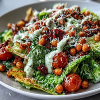 Crispy vegan Caesar salad with roasted chickpea croutons, a vibrant, healthy meal.